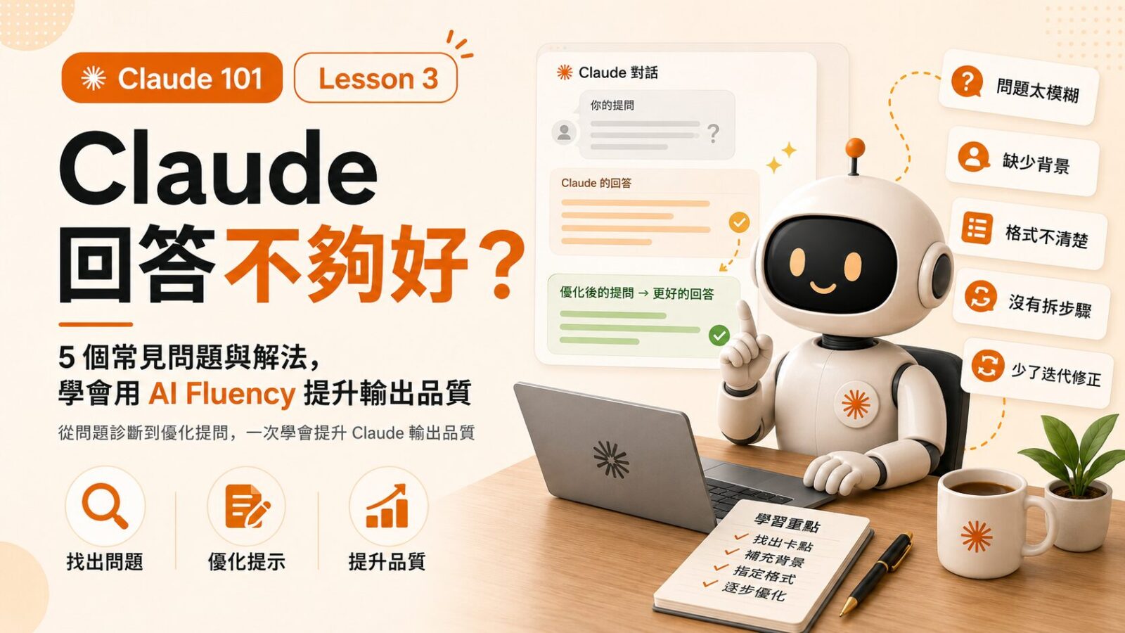 Claude 101 Lesson 3｜Claude 回答不夠好？5 個常見問題與解法，學會用 AI Fluency 提升輸出品質