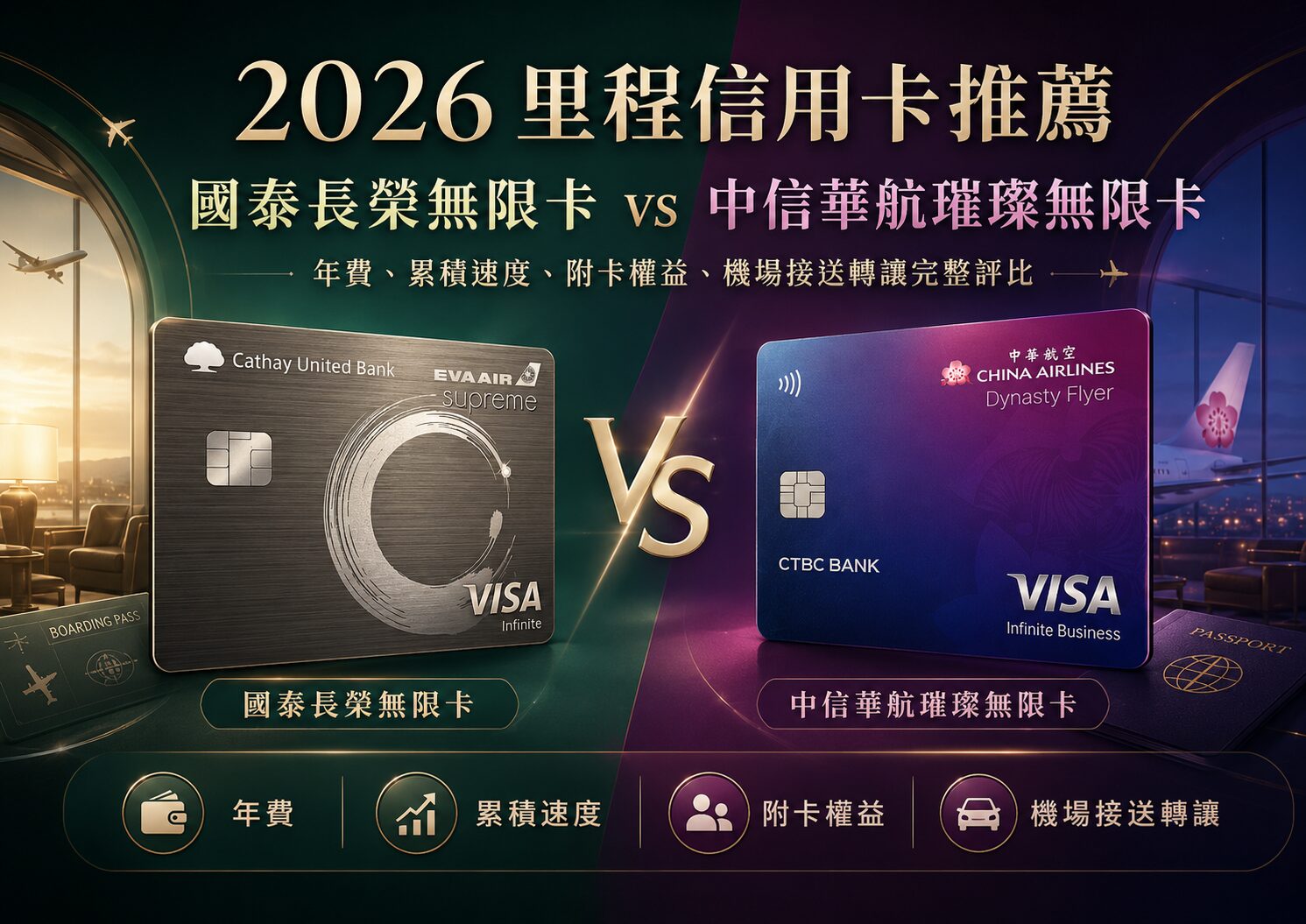【2026 里程信用卡推薦】國泰長榮無限卡 vs 中信華航璀璨無限卡!年費、累積速度、附卡權益、機場接送轉讓完整評比
