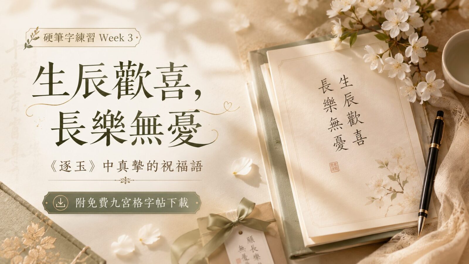 【硬筆字練習 Week 3】生辰歡喜,長樂無憂:《逐玉》中真摯的祝福語練字帖(附免費九宮格字帖下載)