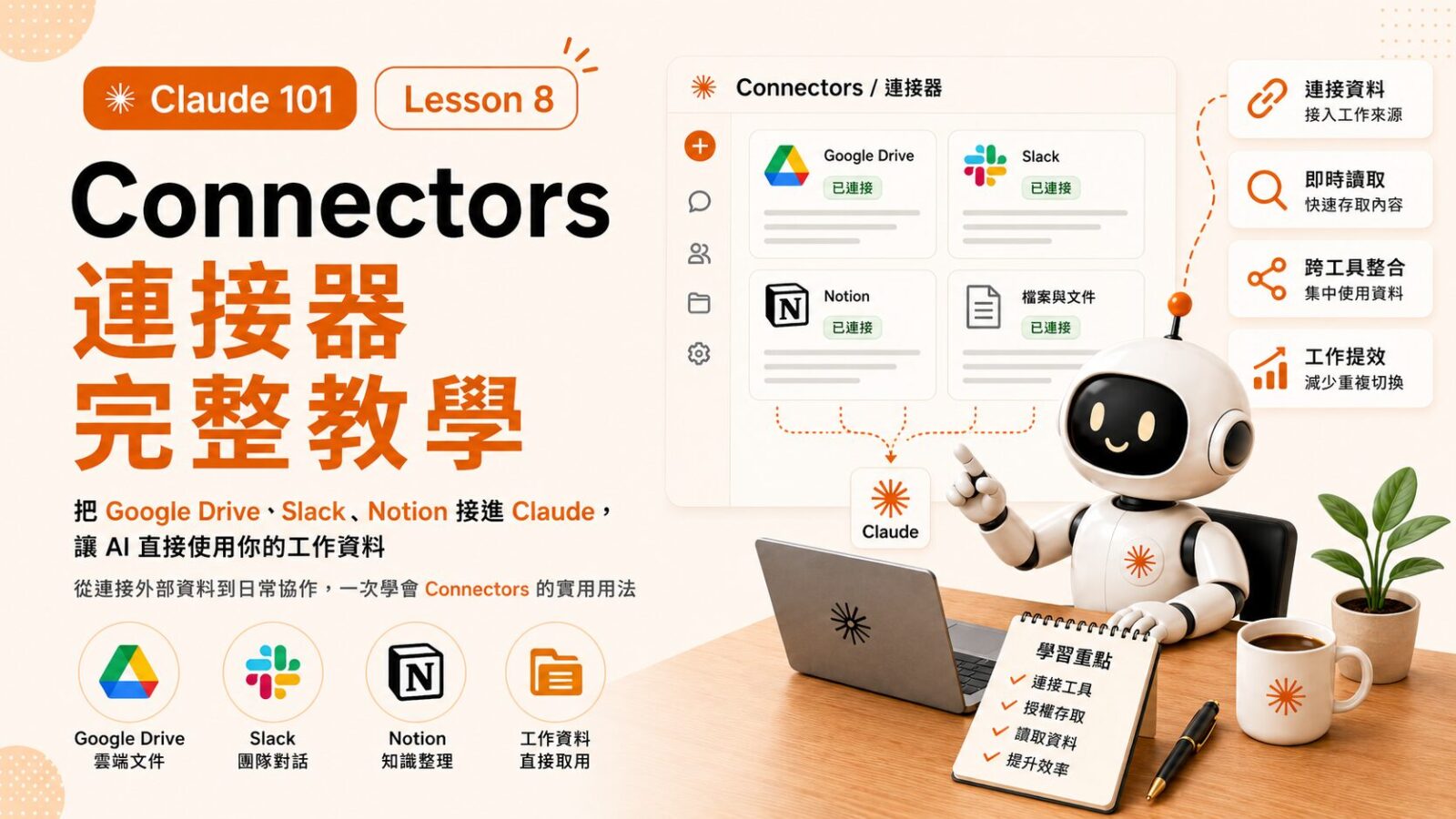 Claude 101 Lesson 8|Connectors 連接器完整教學:把 Google Drive、Slack、Notion 接進 Claude,讓 AI 直接使用你的工作資料
