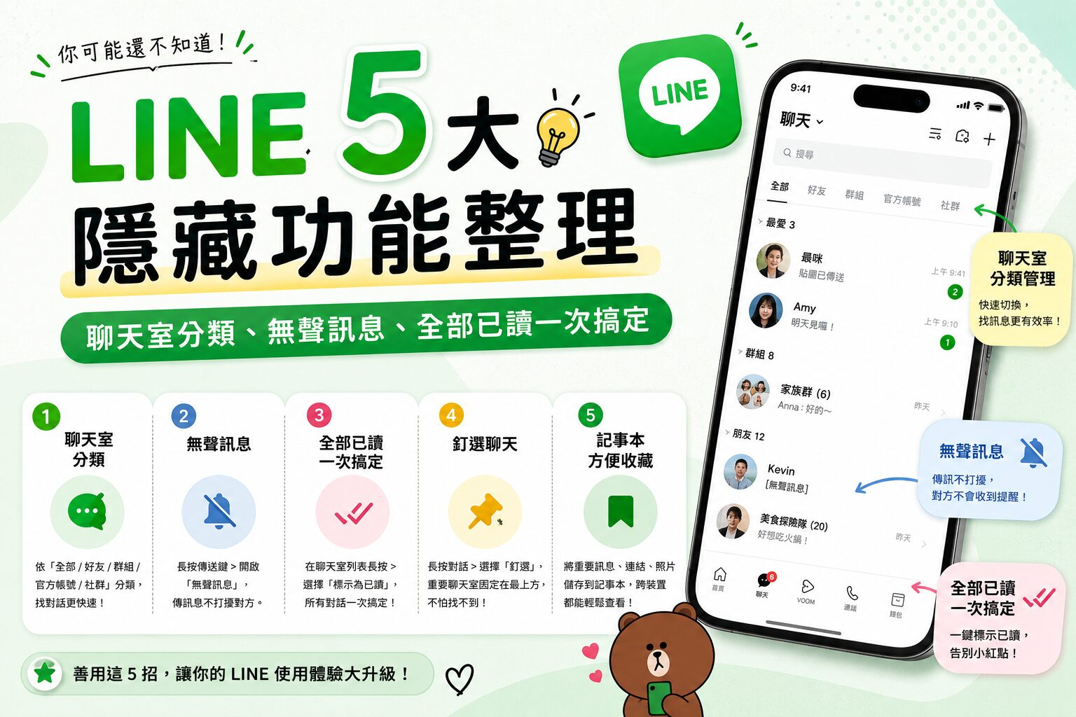 LINE 5 大隱藏功能整理｜聊天室分類、無聲訊息、全部已讀一次搞定