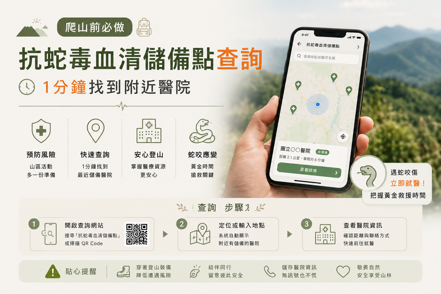 爬山前必做｜抗蛇毒血清儲備點查詢：1分鐘找到附近醫院