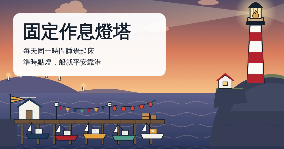 固定作息燈塔:黃昏的港口,紅白燈塔亮著燈,五艘船停在碼頭,旁邊寫著「每天同一時間睡覺起床,準時點燈,船就平安靠港」